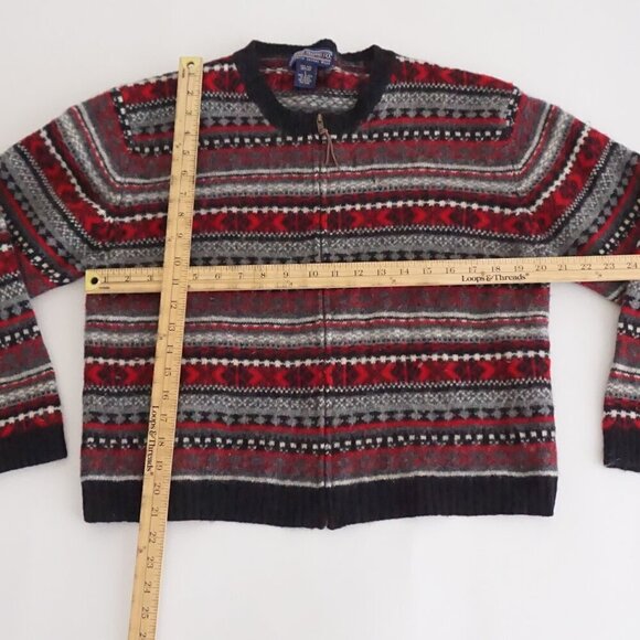 Vintage Newton Trading Red Black Knit 100% Shetland Wool Zip Cardigan Sweater L - Picture 4 of 11